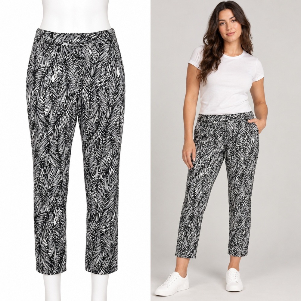 Coldwater Creek Crop Pants Womens 14 Black White Tropical Coastal Resort Casual